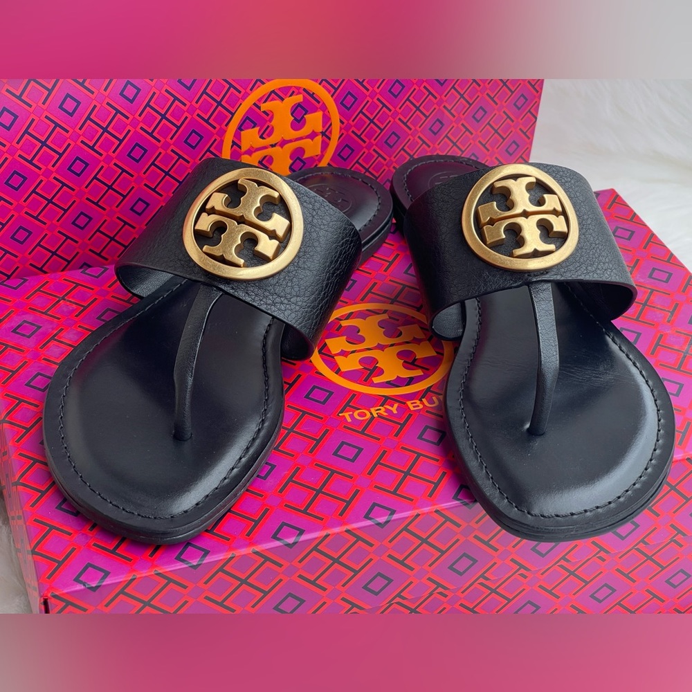 Tory Burch Black Calf Leather Flat Thong Sandals